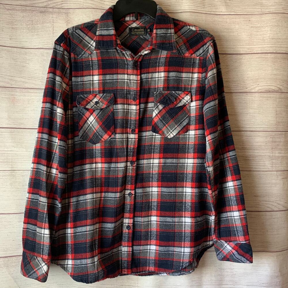 Cavalini Men's Plaid Button Up Shirt Red White Navy Size Medium